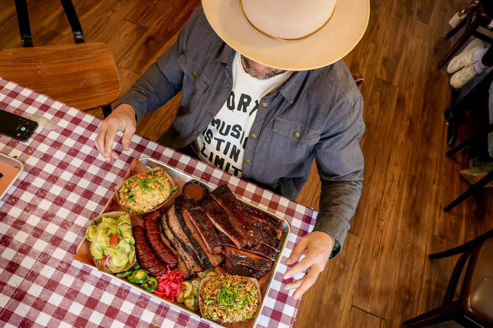 Brisket tray at Bar A Barbecue in Montgomery, Texas